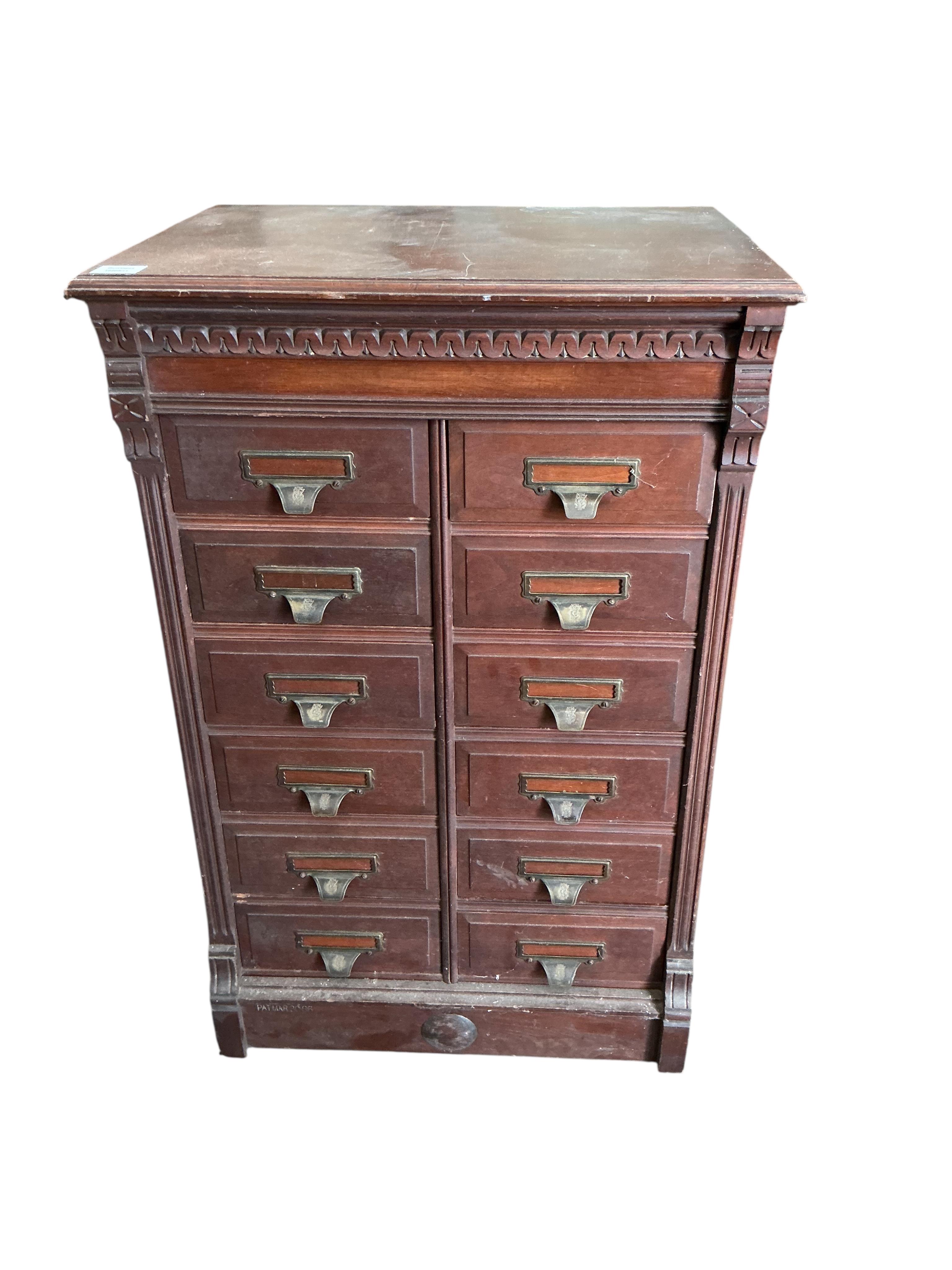 An early 20th century mahogany twelve drawer filing chest, width 62cm, depth 46cm, height 97cm